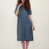 100% Linen Collar Puff Sleeve Midi Dress