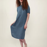 100% Linen Collar Puff Sleeve Midi Dress