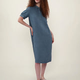 100% Linen Collar Puff Sleeve Midi Dress