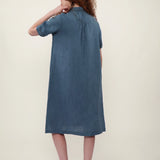 100% Linen Collar Puff Sleeve Midi Dress