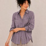 100% Linen Collared Button-Front Relaxed Shirt with Chest Pockets