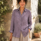 100% Linen Collared Button-Front Relaxed Shirt with Chest Pockets