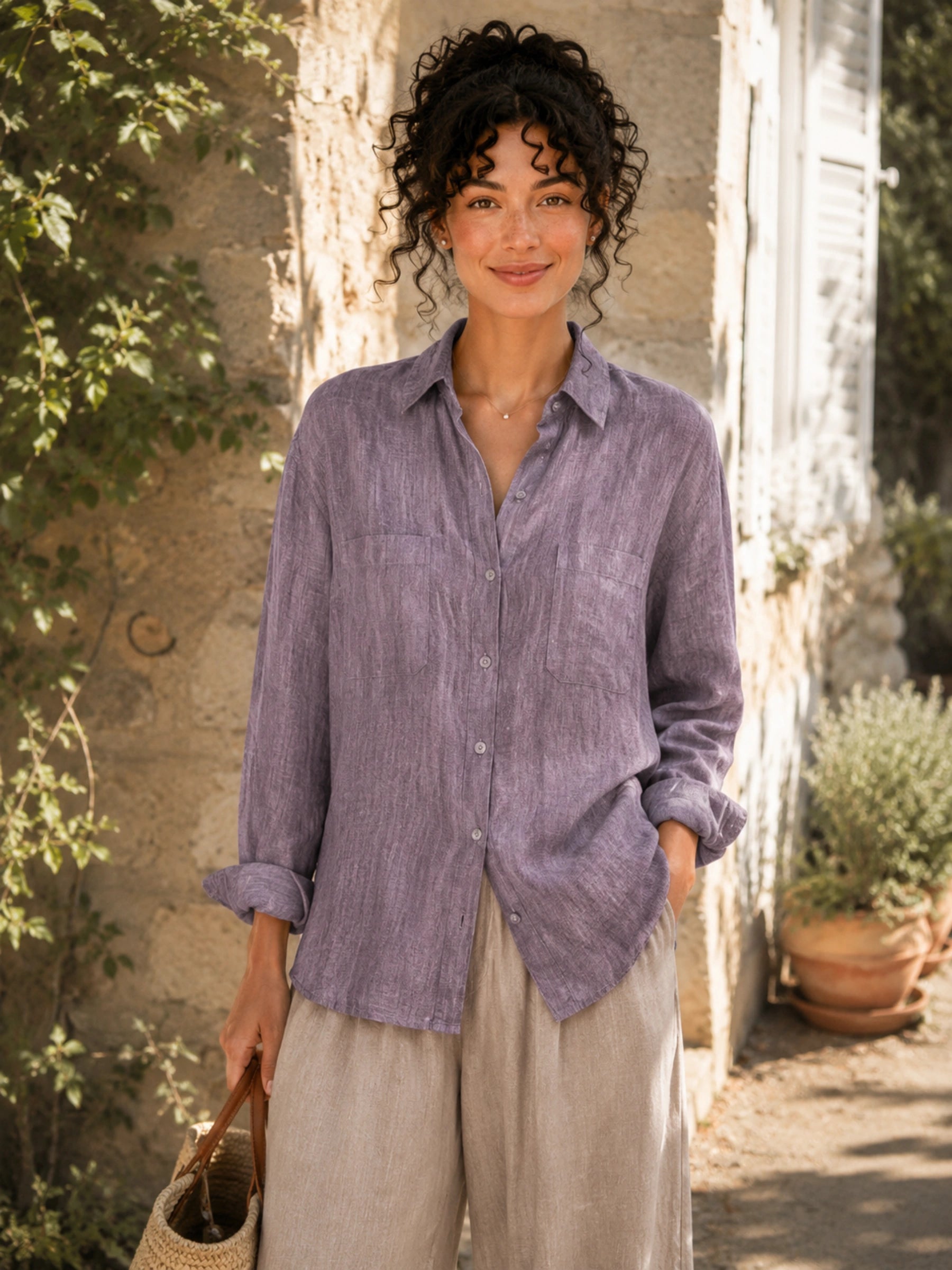 100% Linen Collared Button-Front Relaxed Shirt with Chest Pockets