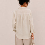 100% Linen Collared Button-Front Relaxed Shirt with Chest Pockets