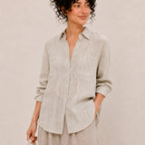 100% Linen Collared Button-Front Relaxed Shirt with Chest Pockets