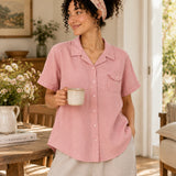 100% Linen Collared Button-Front Relaxed Short-Sleeve Top
