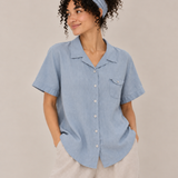 100% Linen Collared Button-Front Relaxed Short-Sleeve Top