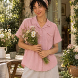 100% Linen Collared Button-Front Relaxed Short-Sleeve Top