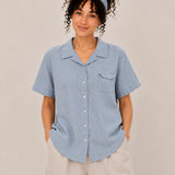 100% Linen Collared Button-Front Relaxed Short-Sleeve Top