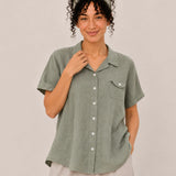 100% Linen Collared Button-Front Relaxed Short-Sleeve Top