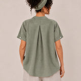 100% Linen Collared Button-Front Relaxed Short-Sleeve Top
