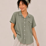 100% Linen Collared Button-Front Relaxed Short-Sleeve Top