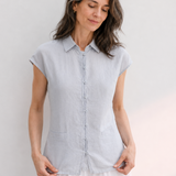 100% Linen Collared Cap Sleeve Patch Pocket Blouse