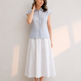 100% Linen Collared Cap Sleeve Patch Pocket Blouse