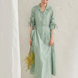 100% Linen Collared Drawstring Sleeve Maxi Shirt Dress