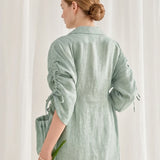 100% Linen Collared Drawstring Sleeve Maxi Shirt Dress