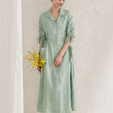 100% Linen Collared Drawstring Sleeve Maxi Shirt Dress
