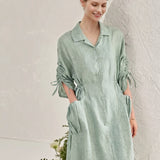 100% Linen Collared Drawstring Sleeve Maxi Shirt Dress