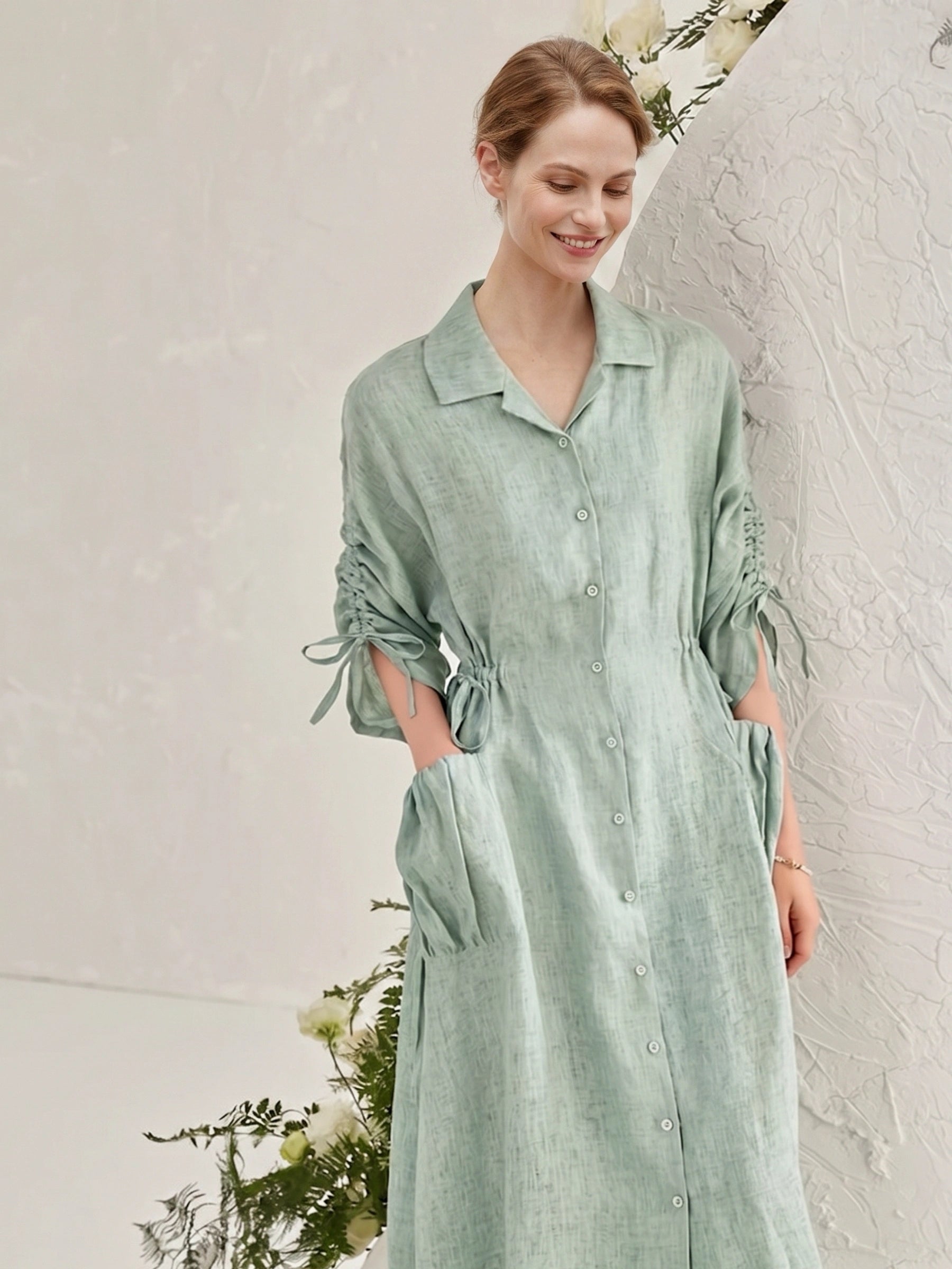 100% Linen Collared Drawstring Sleeve Maxi Shirt Dress