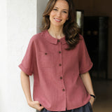 100% Linen Collared Rolled Sleeve Chest Pocket Blouse