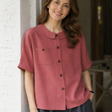 100% Linen Collared Rolled Sleeve Chest Pocket Blouse