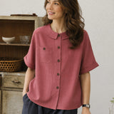 100% Linen Collared Rolled Sleeve Chest Pocket Blouse