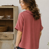 100% Linen Collared Rolled Sleeve Chest Pocket Blouse