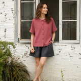 100% Linen Collared Rolled Sleeve Chest Pocket Blouse