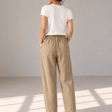 100% Linen Contrast-Trim Ankle Wide-Leg Pants