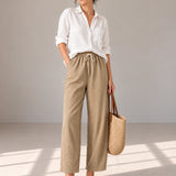 100% Linen Contrast-Trim Ankle Wide-Leg Pants