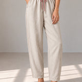 100% Linen Contrast-Trim Ankle Wide-Leg Pants