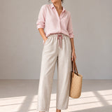100% Linen Contrast-Trim Ankle Wide-Leg Pants