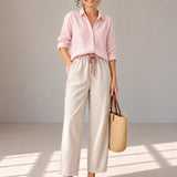 100% Linen Contrast-Trim Ankle Wide-Leg Pants