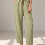100% Linen Contrast-Trim Ankle Wide-Leg Pants