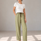 100% Linen Contrast-Trim Ankle Wide-Leg Pants