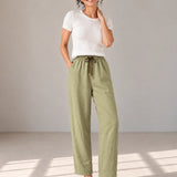 100% Linen Contrast-Trim Ankle Wide-Leg Pants