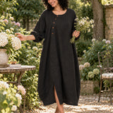 100% Linen Crew-Neck Asymmetric Button-Front Relaxed Maxi Dress