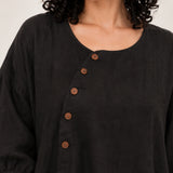 100% Linen Crew-Neck Asymmetric Button-Front Relaxed Maxi Dress