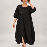100% Linen Crew-Neck Asymmetric Button-Front Relaxed Maxi Dress