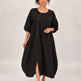 100% Linen Crew-Neck Asymmetric Button-Front Relaxed Maxi Dress