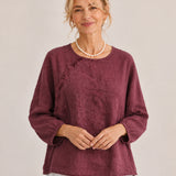 100% Linen Crew-Neck Asymmetric Raw-Edge Relaxed Top