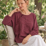 100% Linen Crew-Neck Asymmetric Raw-Edge Relaxed Top