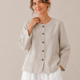100% Linen Crew-Neck Button-Front Top with Pockets