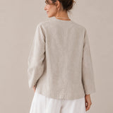 100% Linen Crew-Neck Button-Front Top with Pockets