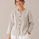 100% Linen Crew-Neck Button-Front Top with Pockets