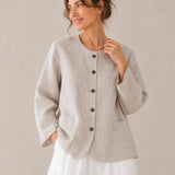 100% Linen Crew-Neck Button-Front Top with Pockets