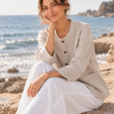 100% Linen Crew-Neck Button-Front Top with Pockets