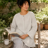 100% Linen Crew-Neck Hidden-Button Relaxed Top