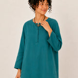 100% Linen Crew-Neck Hidden-Button Relaxed Top