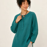 100% Linen Crew-Neck Hidden-Button Relaxed Top